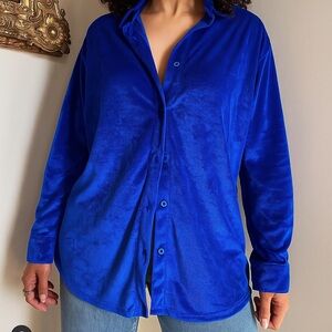 Long Sleeve Blue Velvet Button Down Blouse Sz L Shiny Satin Retro 90s Party Top